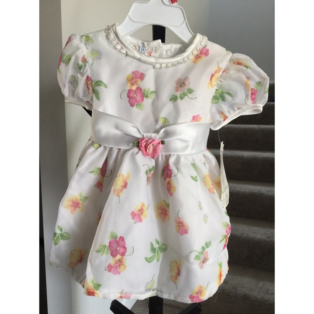 NWT FLORAL GIRLS DRESS SZ 12 MOS WHITE, PINK And YELLOW FLOWERS (T3) 0105